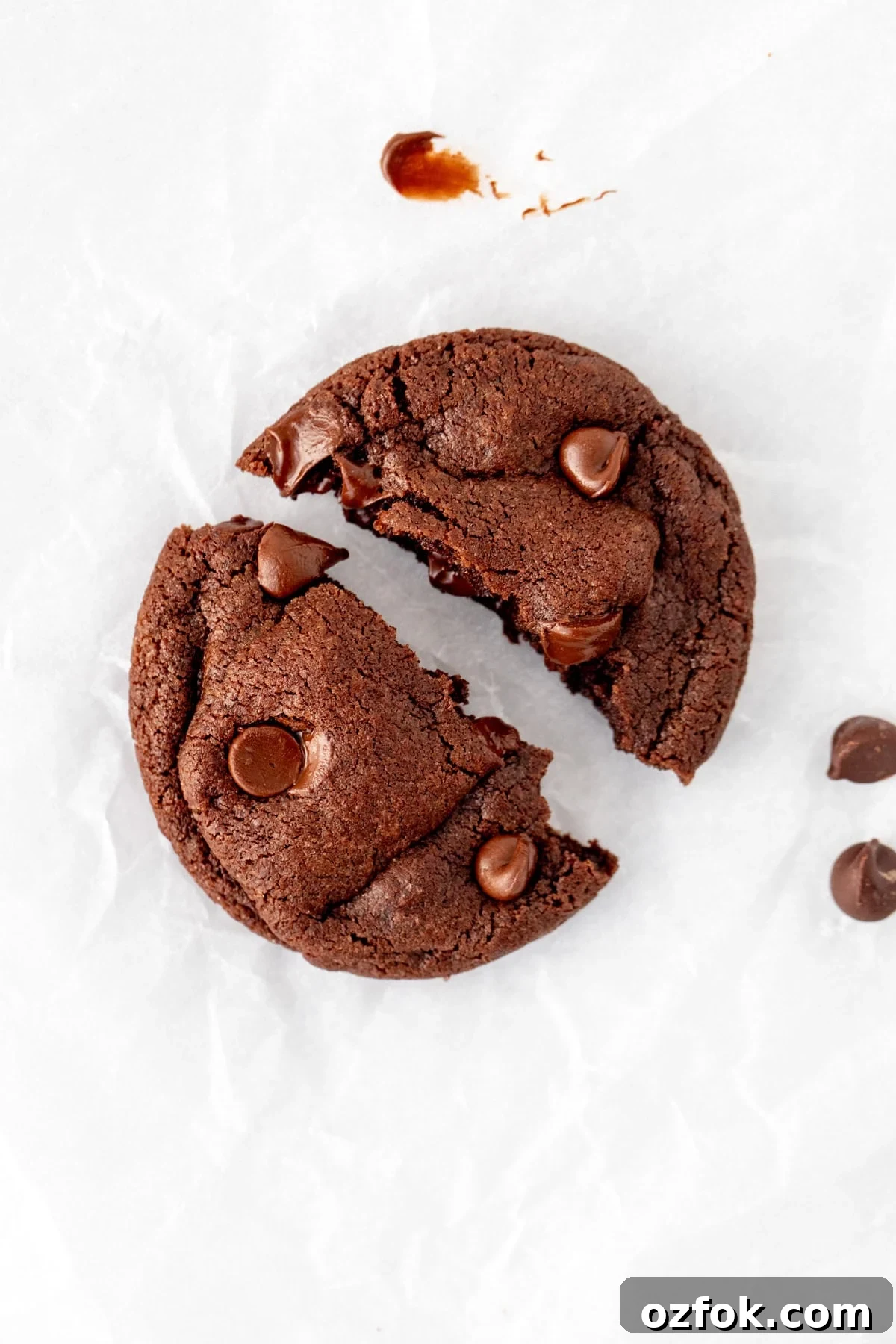 Double Chocolate Cookies Recipe for Two: Small Batch Treats 6 double chocolate cookie, made from small batch recipe, broken in half