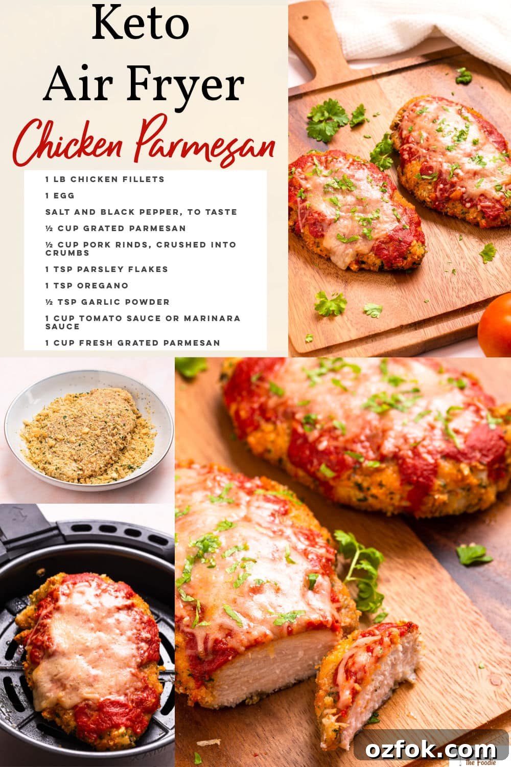 Keto Air Fryer Chicken Parmesan Recipe for Crispy Low-Carb Dinner 6 A photo collage of chicken parmesan with listed ingredients.