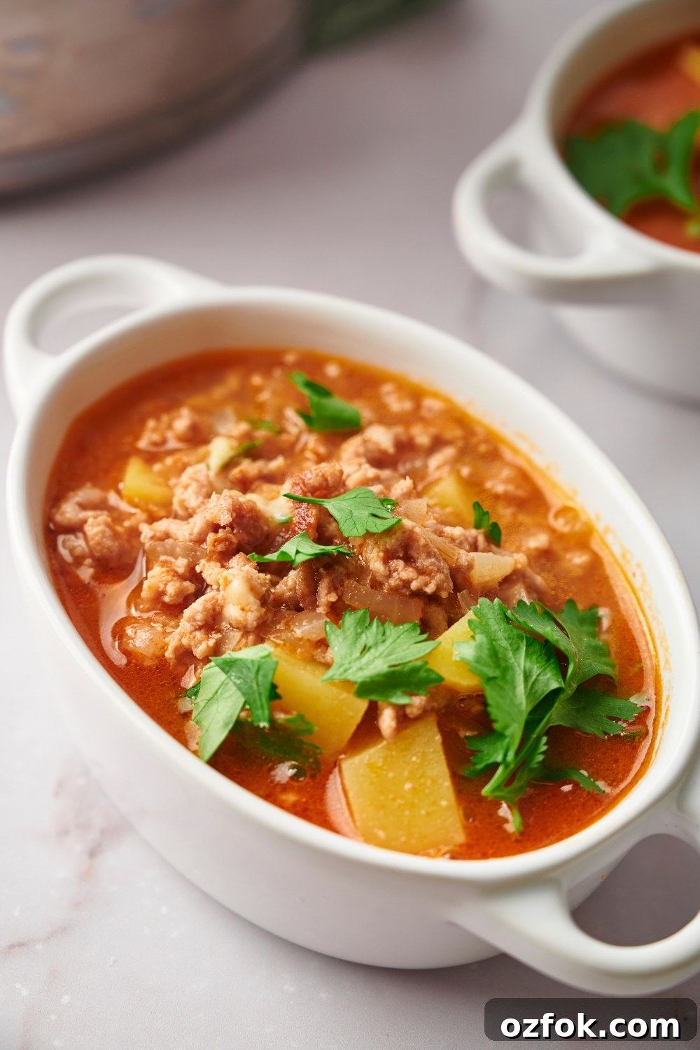 30-Minute Ground Beef and Vegetable Soup Recipe 13 Vegetable beef soup in an oval white bowl
