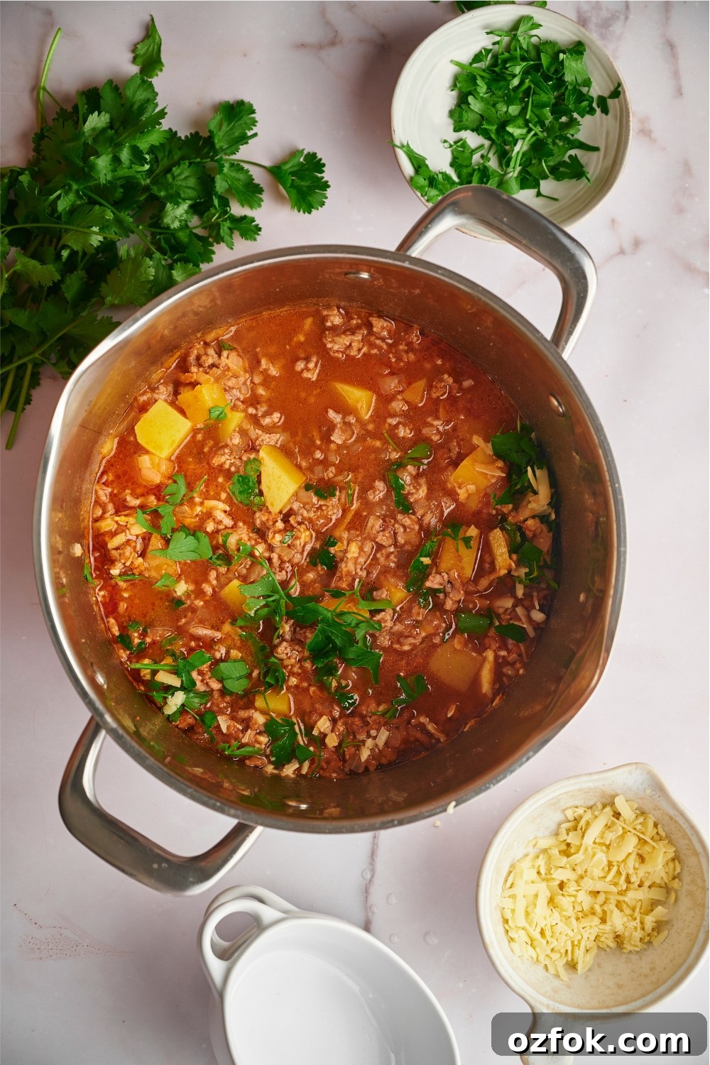 30-Minute Ground Beef and Vegetable Soup Recipe 10 Ground beef, potatoes, and cilantro in a tomato broth.