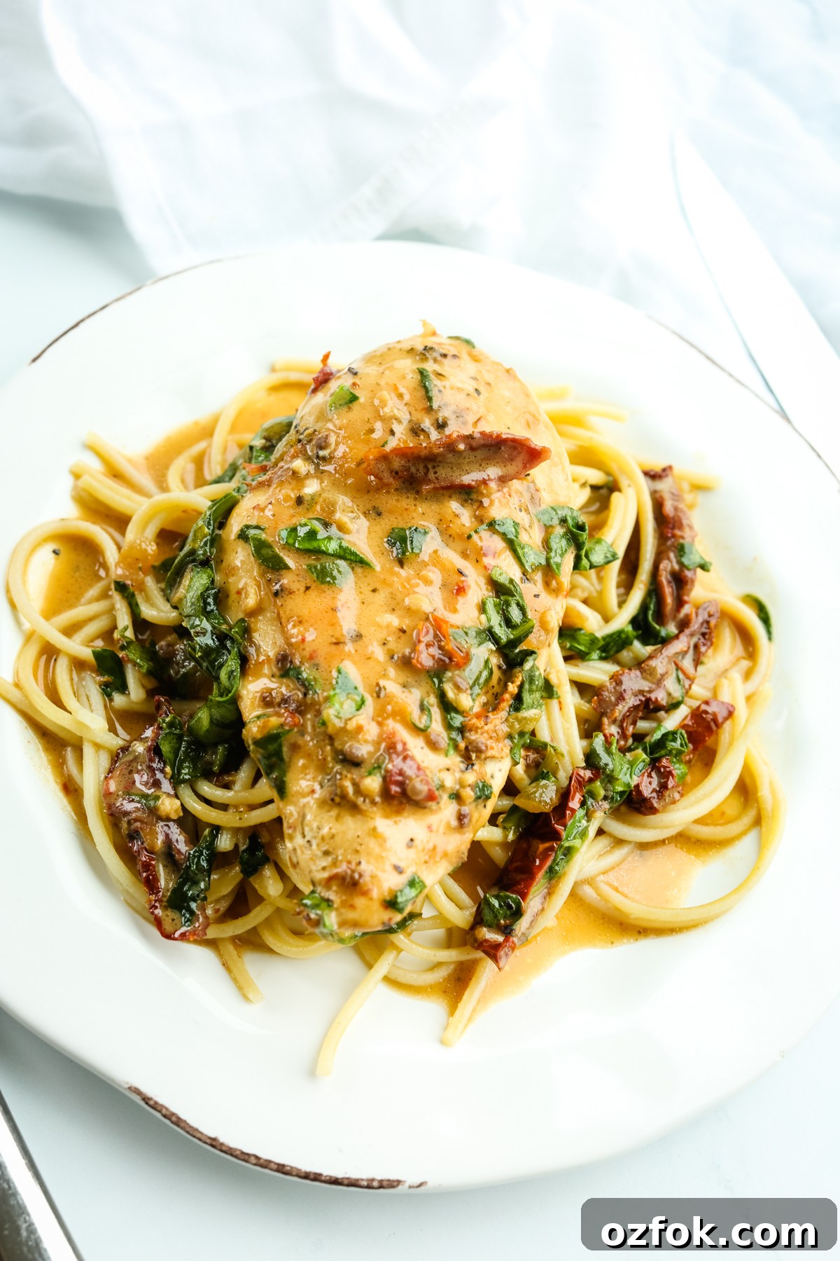 Tuscan-Style Dairy-Free Chicken with Sun-Dried Tomatoes and Herbs 3 dairy free tuscan chicken with pasta and sauce on a plate