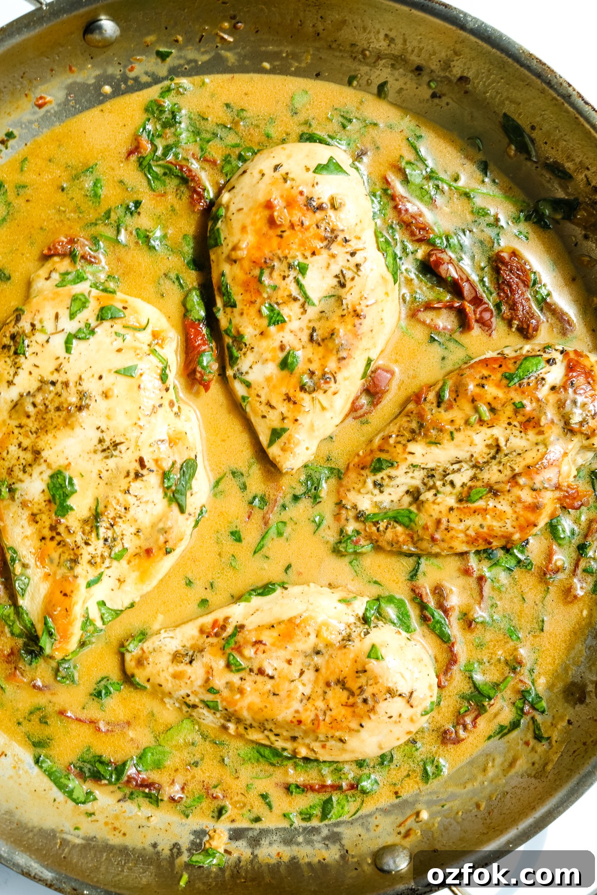 Tuscan-Style Dairy-Free Chicken with Sun-Dried Tomatoes and Herbs 5 Dairy Free Tuscan Chicken in a pan with sauce