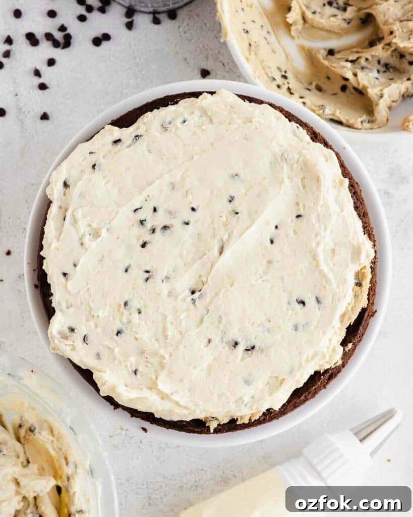 Cookie Dough Fudge Brownie Cake Recipe for Decadent Desserts 12 spreading cookie dough frosting on cake