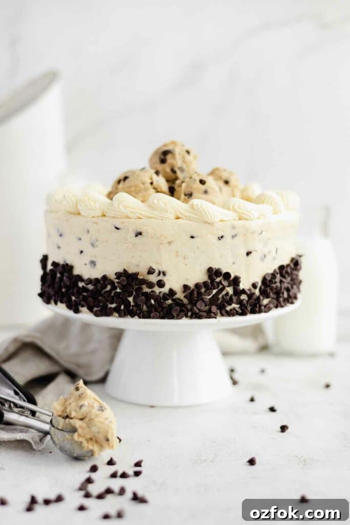 Cookie Dough Fudge Brownie Cake Recipe for Decadent Desserts 4 decorated cake with scoops of cookie dough, butter cream, and chocolate chips