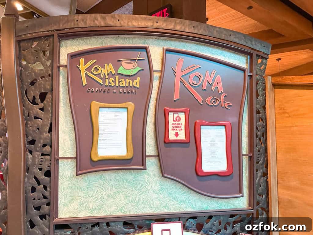 Kona Island and Kona Cafe menu board.