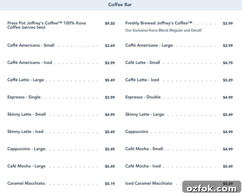 coffee bar menu from Kona Island.