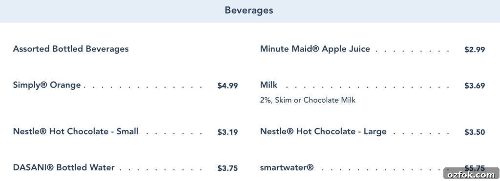 assorted cold beverage menu from Kona Island.