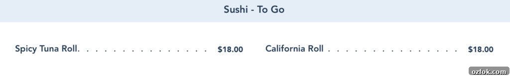 Sushi menu from Kona Island.