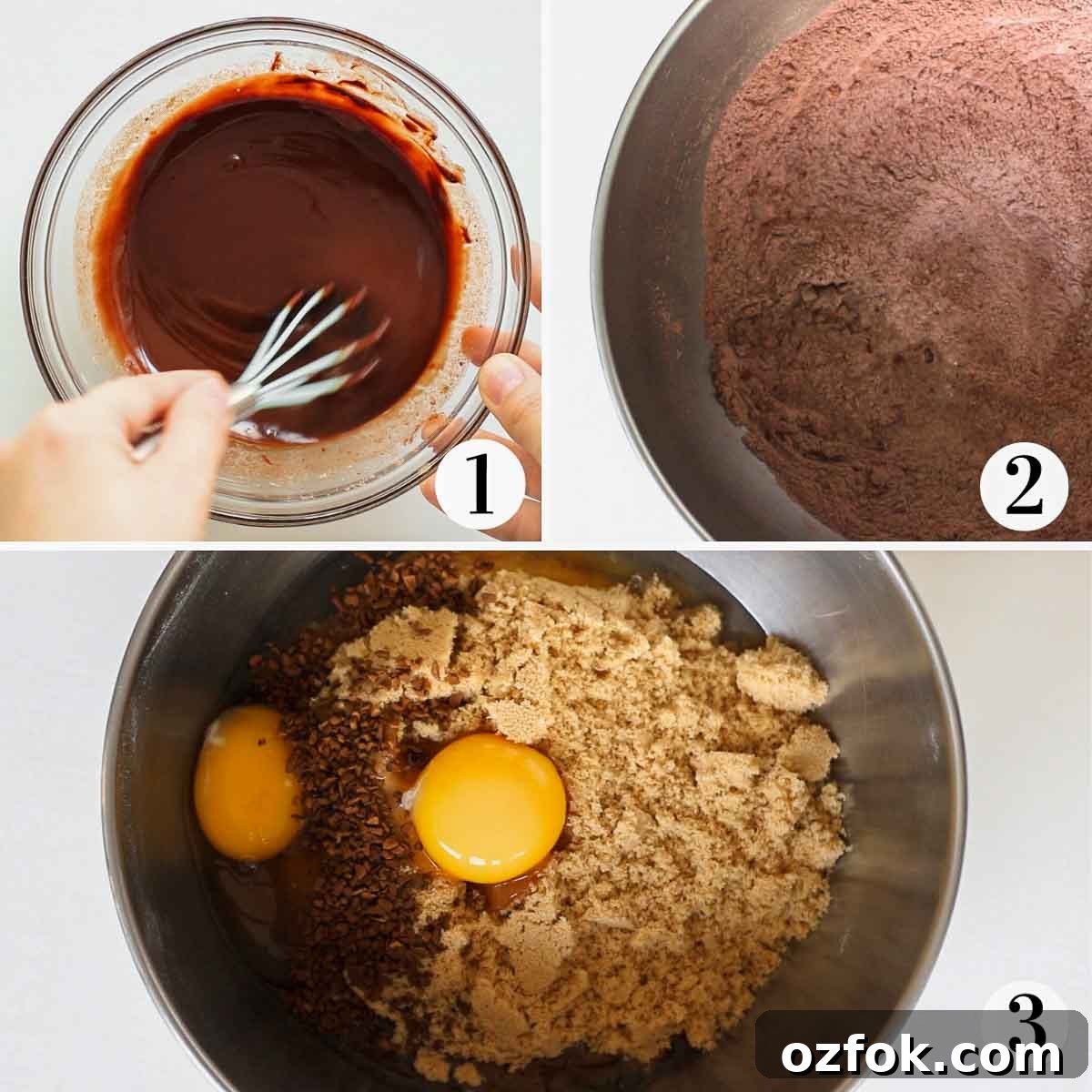 Chocolate Ginger Crinkle Cookies — Crunchy Earthquake Cookies 3 How to make the dough of crinkle cookies: melted butter with chocolate, a bowl with flour and cocoa, a bowl with eggs, sugar and espresso powder.