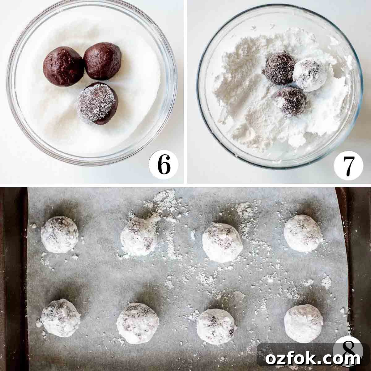 Chocolate Ginger Crinkle Cookies — Crunchy Earthquake Cookies 5 Cookie dough balls coated in sugar, in icing sugar, and placed into a lined baking sheet.