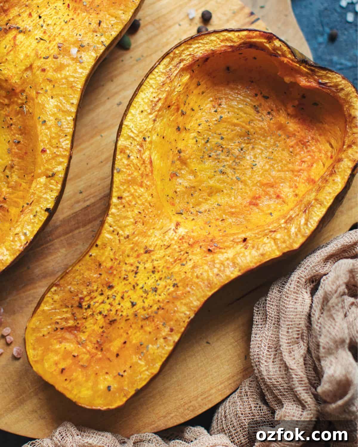 Roasted Butternut Squash in the Oven: Simple Step-by-Step Guide 2 Overhead image of baked butternut squash with garnish.