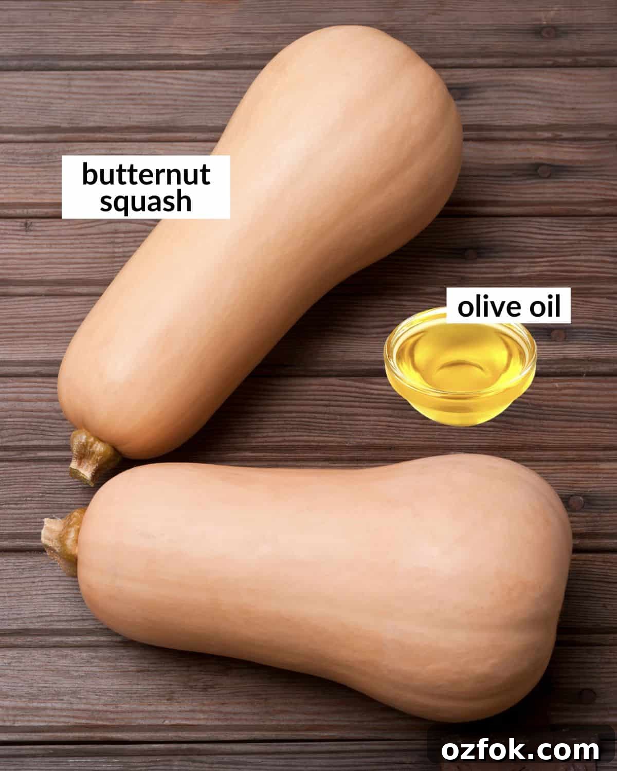 Roasted Butternut Squash in the Oven: Simple Step-by-Step Guide 3 Overhead image of ingredients needed to make baked butternut squash.