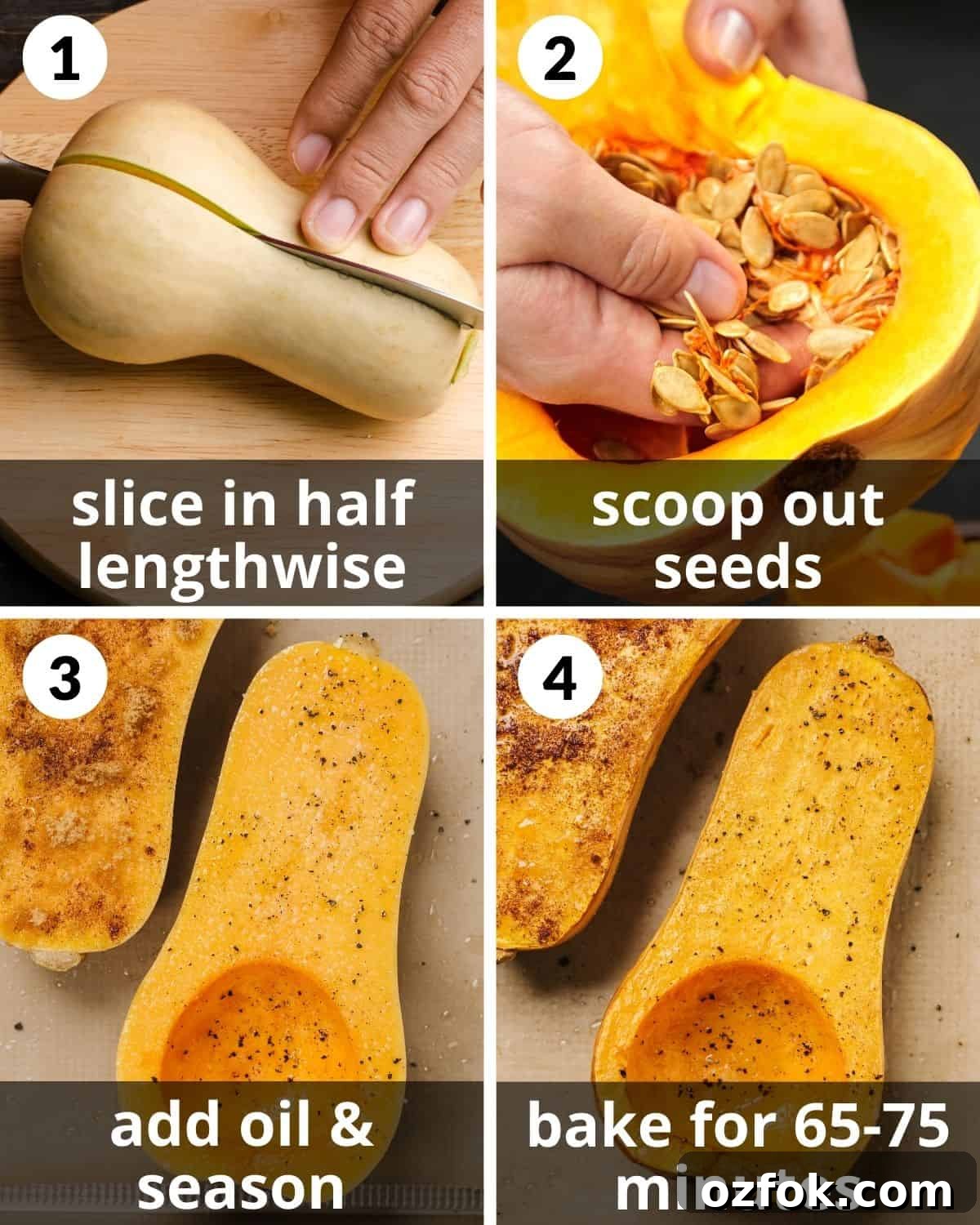 Roasted Butternut Squash in the Oven: Simple Step-by-Step Guide 4 A 4 photo collage showing the steps for baked butternut squash.