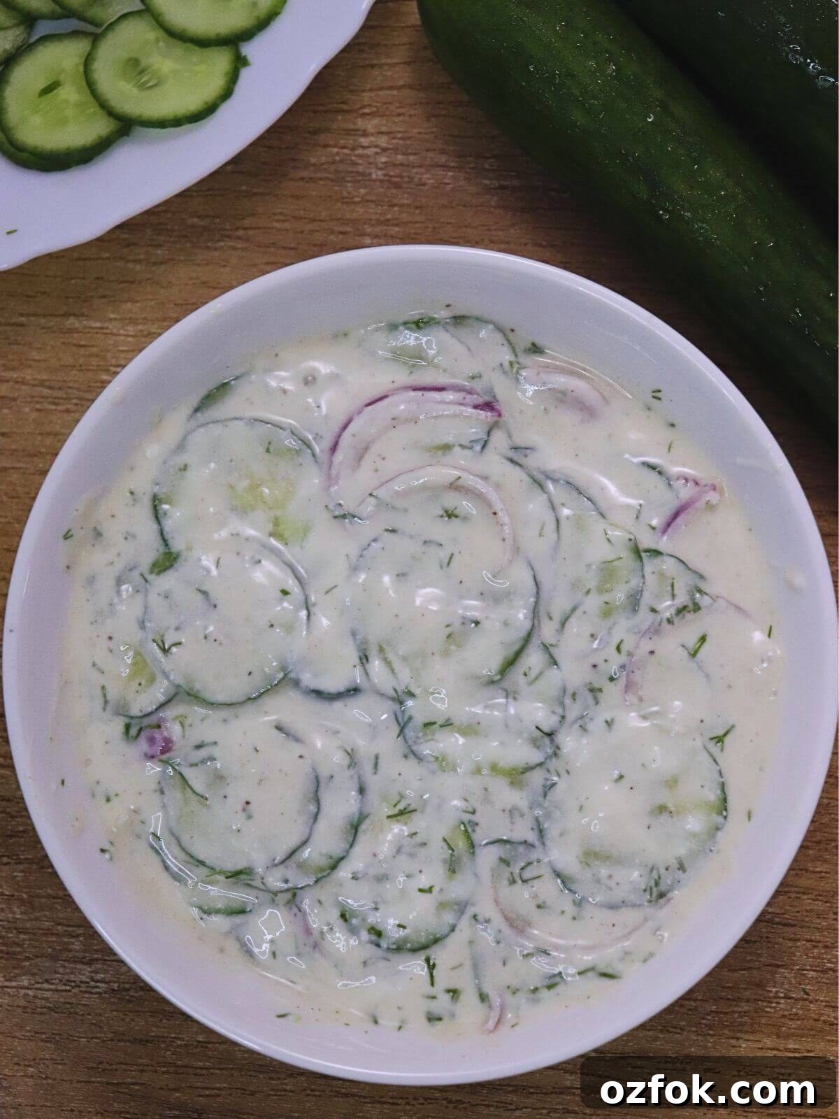 Creamy Greek Yogurt Cucumber Salad with Dill and Lemon 2 greek yogurt cucumber salad served in a bowl.