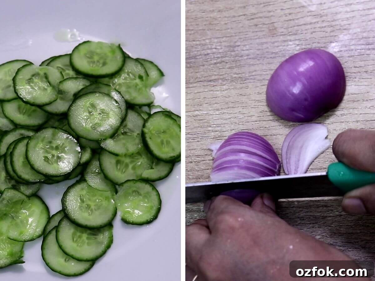 Creamy Greek Yogurt Cucumber Salad with Dill and Lemon 4 prepping the cucumber and onions to make greek yogurt cucumber salad.