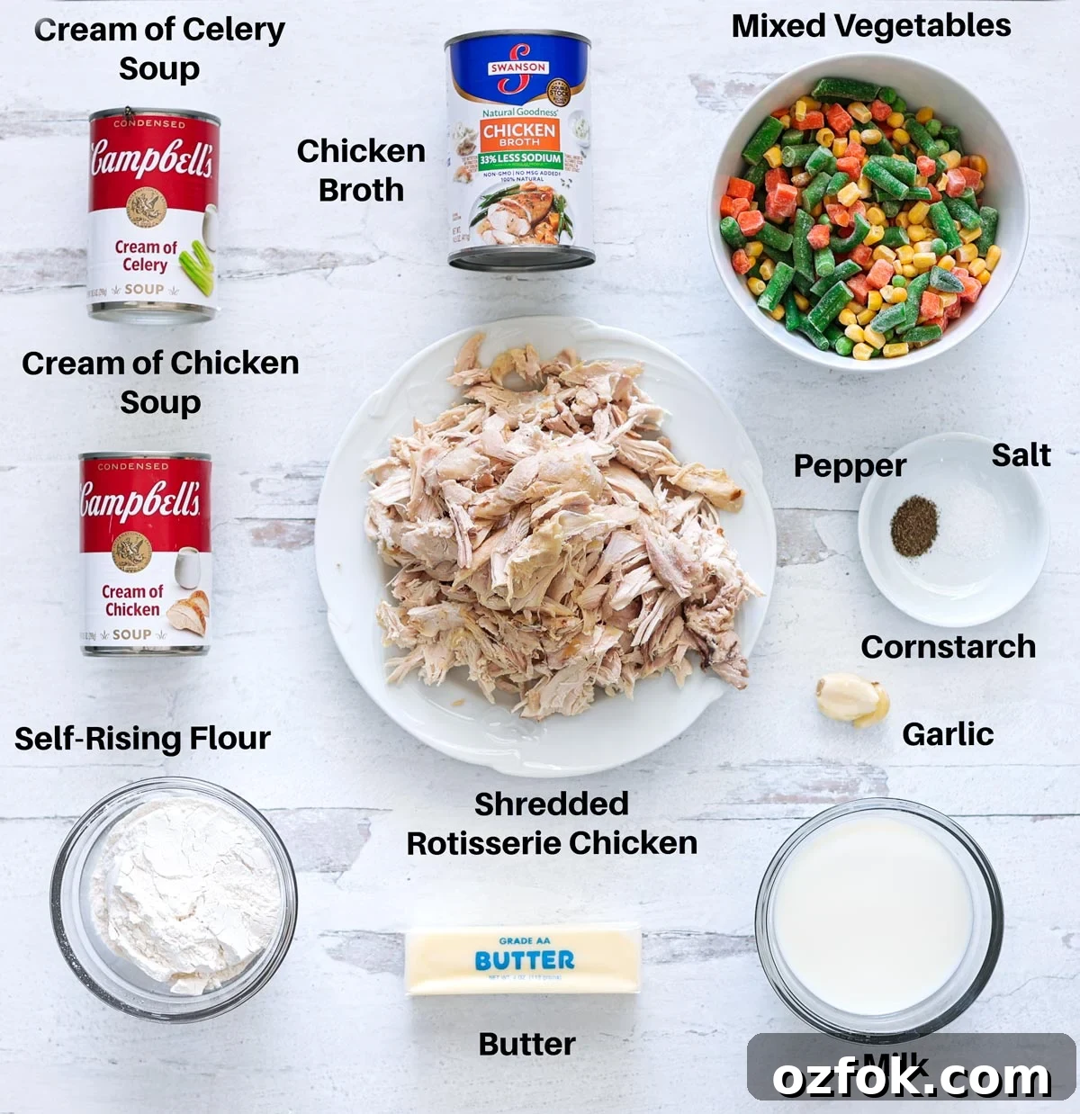 Ingredients surrounding a plate of shredded chicken.