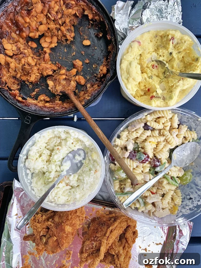 Instant Pot beans with potato salad and fried chicken