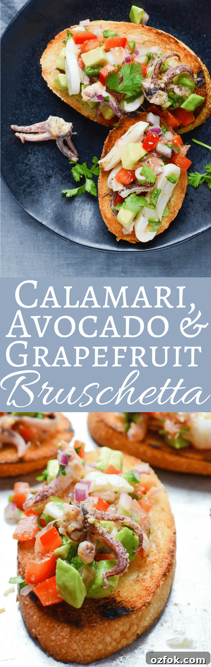 Calamari, Avocado & Grapefruit Bruschetta Recipe 12 This easy seafood bruschetta recipe tastes like a trip to Mexico with grilled calamari, avocado and tangy grapefruit on toasted bread! Great with a Margarita!