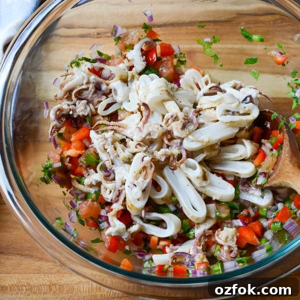 Calamari, Avocado & Grapefruit Bruschetta Recipe 7 Bowl of grilled calamari with vegetables.