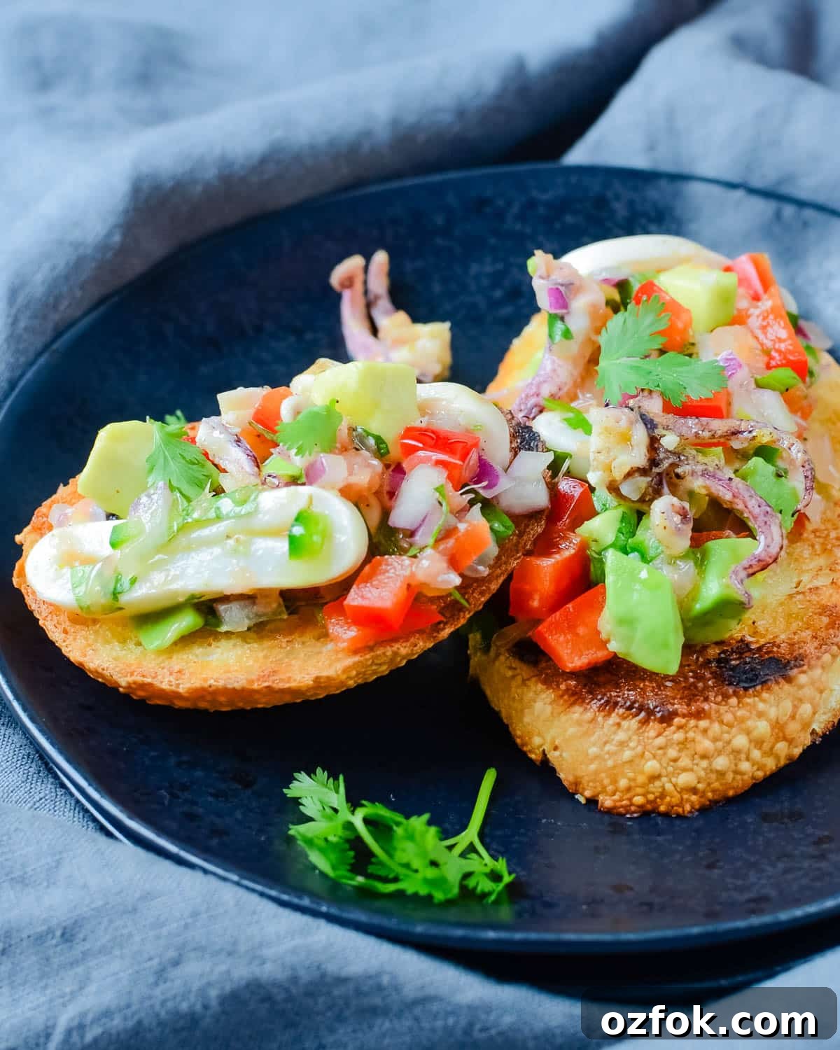 Calamari, Avocado & Grapefruit Bruschetta Recipe 10 a plate of calamari bruschetta.