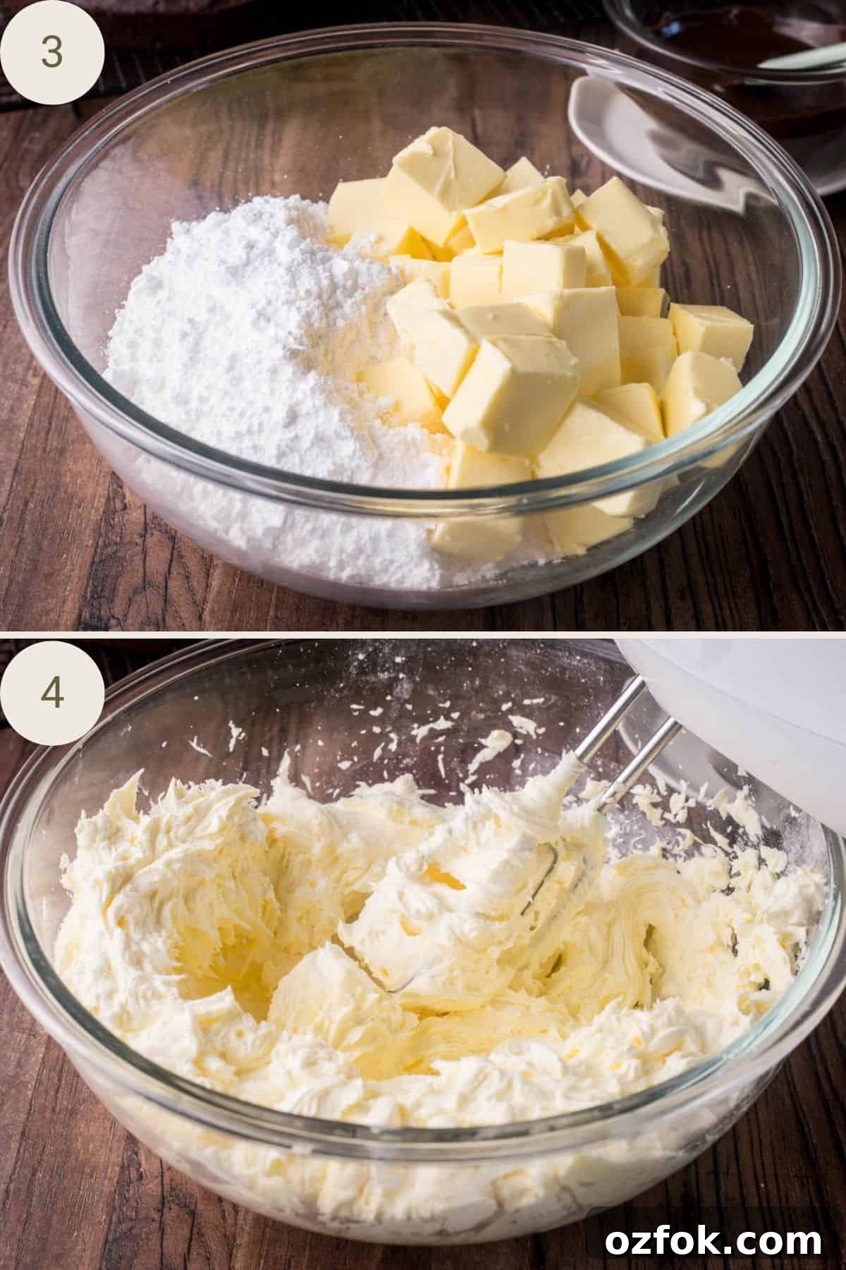 Decadent Chocolate Fudge Buttercream Recipe for Perfect Cakes 6 Butter and icing sugar in a mixing bowl, then mixed with an electric mixer until light and fluffy.