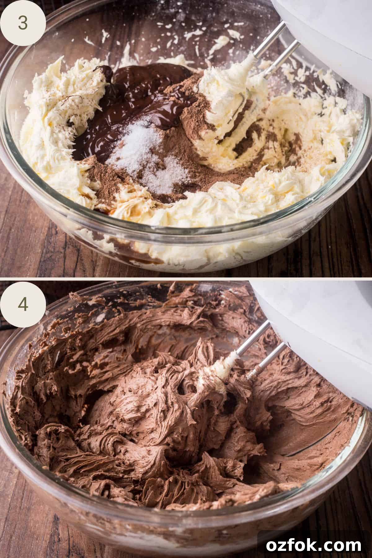 Decadent Chocolate Fudge Buttercream Recipe for Perfect Cakes 7 Cocoa powder, vanilla and salt added to the icing sugar mixture. Mixed and looking thick and chocolatey.