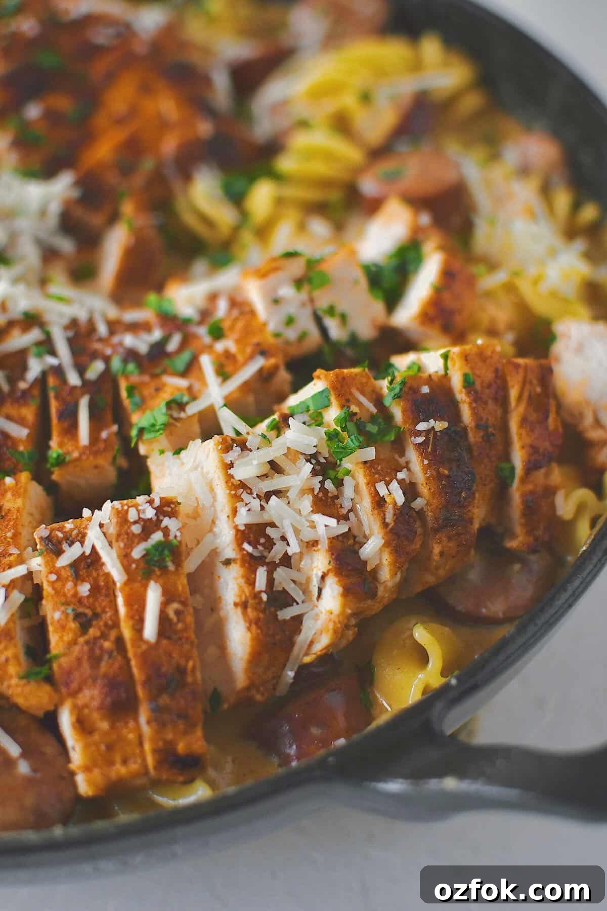 Cajun Chicken Alfredo finished in the pan with chicken on top.