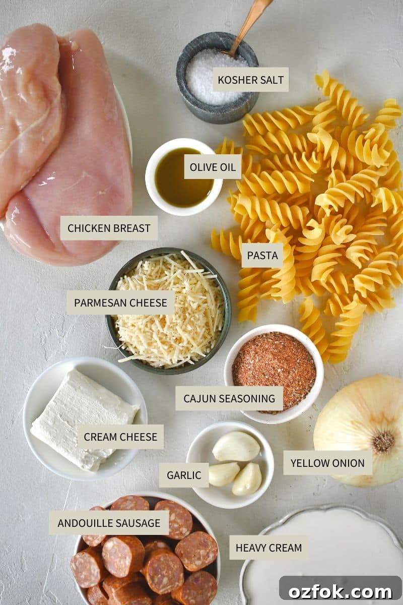 Ingredients needed to make Cajun Chicken Alfredo.