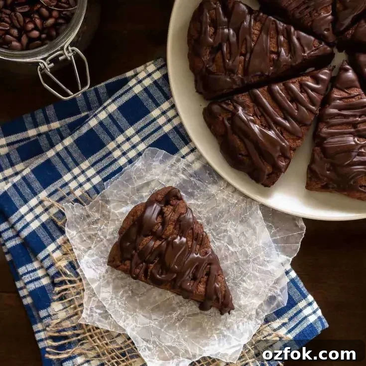 These double chocolate scones are easy to make and are decadent enough to be dessert, but since they're scones you can probably justify having them for breakfast! Buttery and flaky chocolate scones, filled with chocolate chips, and topped with a chocolate glaze - in short, they're amazing.