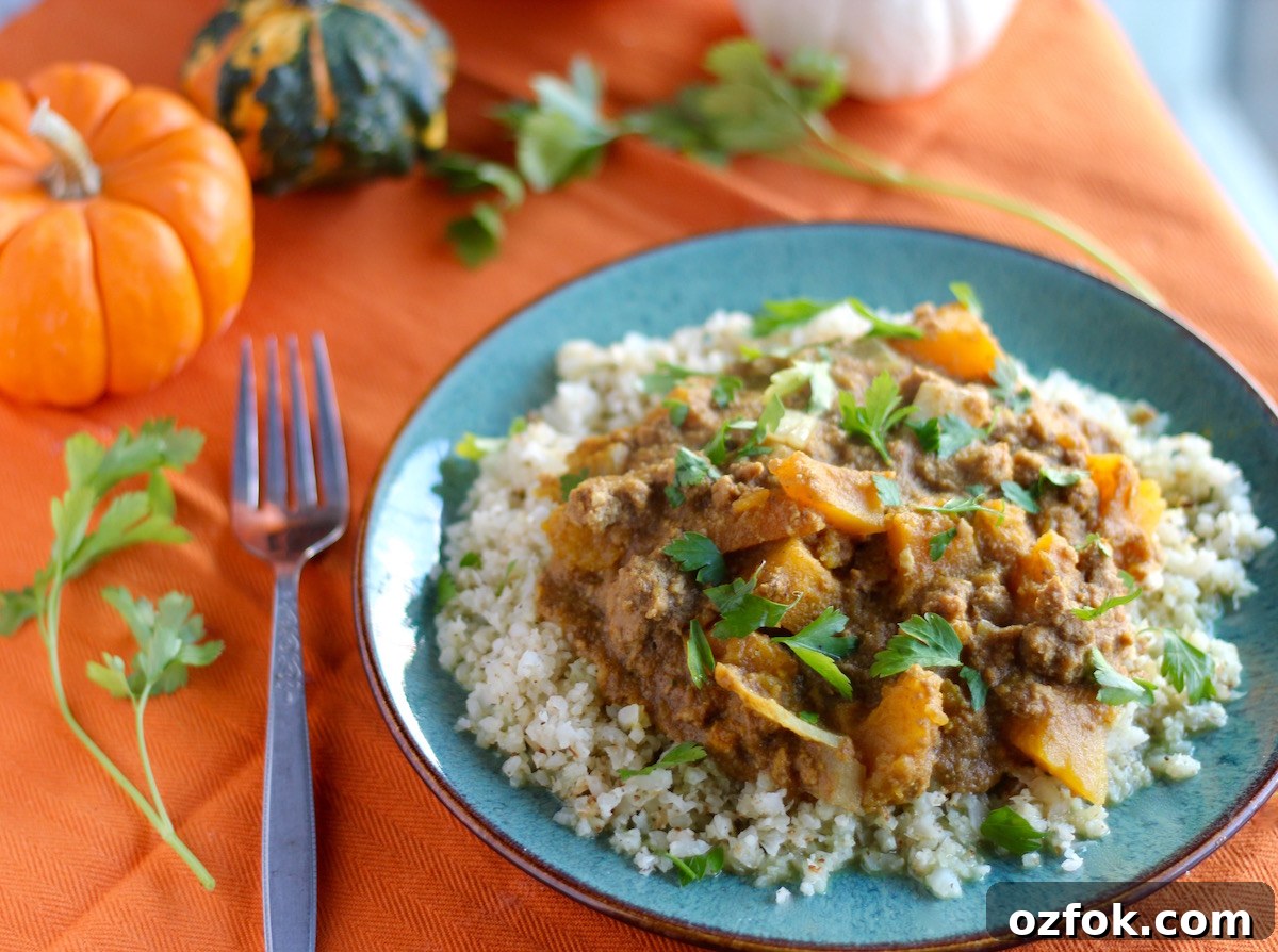 Crockpot Beef Pumpkin Curry (AIP) - a one-pot, slow cooker meal that is warm, comforting, and full of flavor from pumpkin, squash, turmeric, ginger, and cinnamon! | fedandfulfilled.com