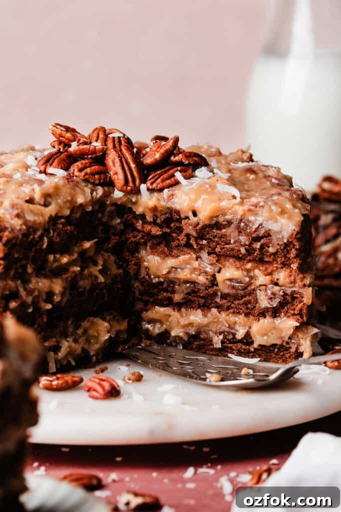 Ultimate German Chocolate Cake Recipe for Rich, Layered Flavor 10 A close-up of the inside of the sliced german chocolate cake.