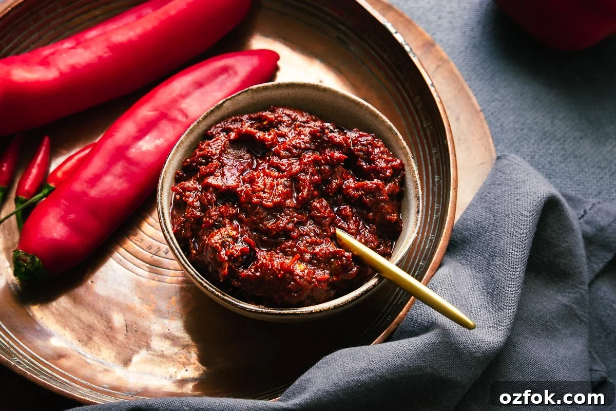 Homemade Rose Harissa Paste Recipe for Vibrant Flavor 3 A ceramic bowl with homemade rose harissa and a golden serving spoon.