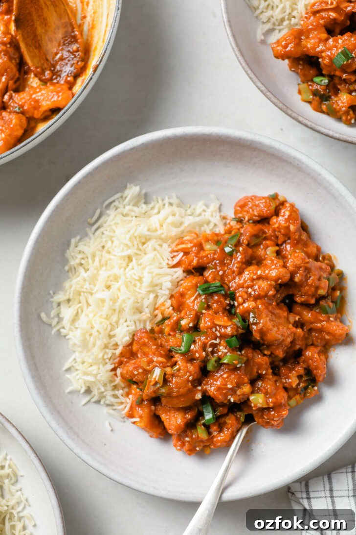 Crispy Chicken Manchurian with Tangy Gravy 10 Top view of Chicken Manchurian with rice and a fork.