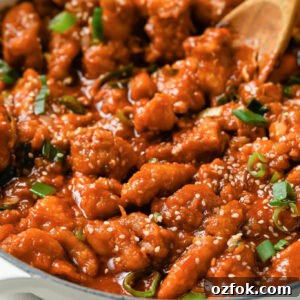 Crispy Chicken Manchurian with Tangy Gravy 13 Close up of Chicken Manchurian in pot with a wooden spoon.