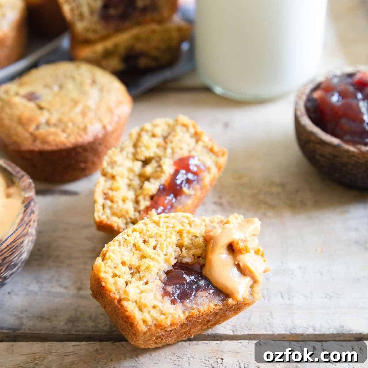 With a tender crumb texture, slightly sweet peanut butter flavor and a jelly center, these pb&j muffins are a winner!