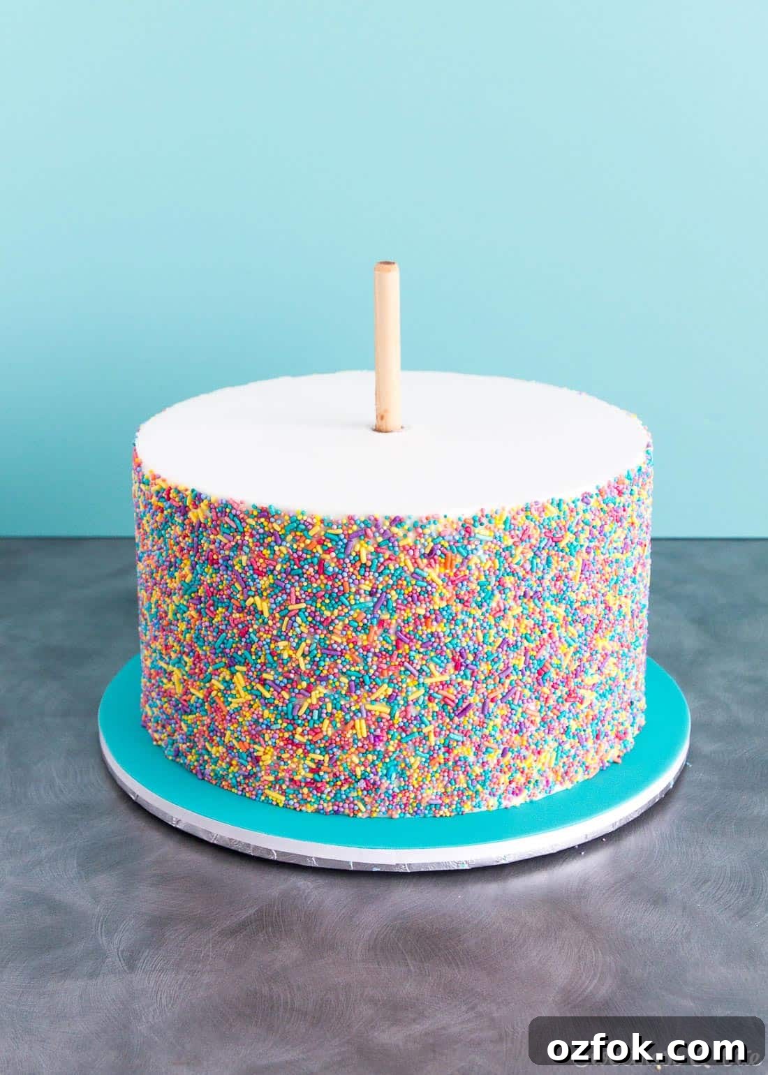 Sprinkle Cake Tutorial - A step by step guide to applying sprinkles to a fondant covered cake ~ Sweetness and Bite