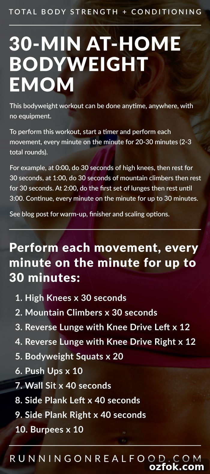 30-Minute Bodyweight EMOM Workout for Building Strength and Endurance 2 Text instructions for a 30-minute at-home bodyweight EMOM workout.