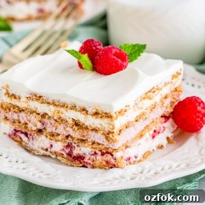 No-Bake Raspberry Icebox Cake Recipe for Summer Parties 21 A slice of Raspberry Icebox Cake on a white plate topped with fresh raspberries and mint.