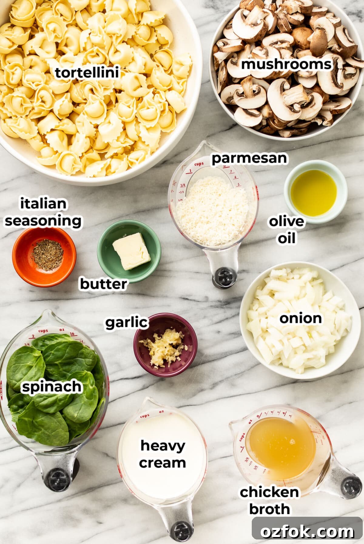 One-Pan Creamy Tortellini with Spinach & Mushrooms 3 ingredients for one pan spinach mushroom tortellini in prep bowls