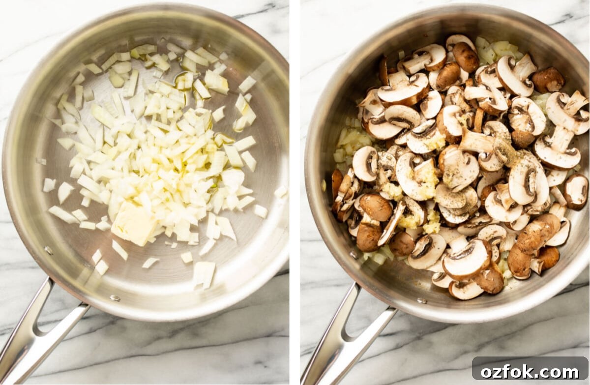 One-Pan Creamy Tortellini with Spinach & Mushrooms 4 sauteing onions and mushrooms in a pan