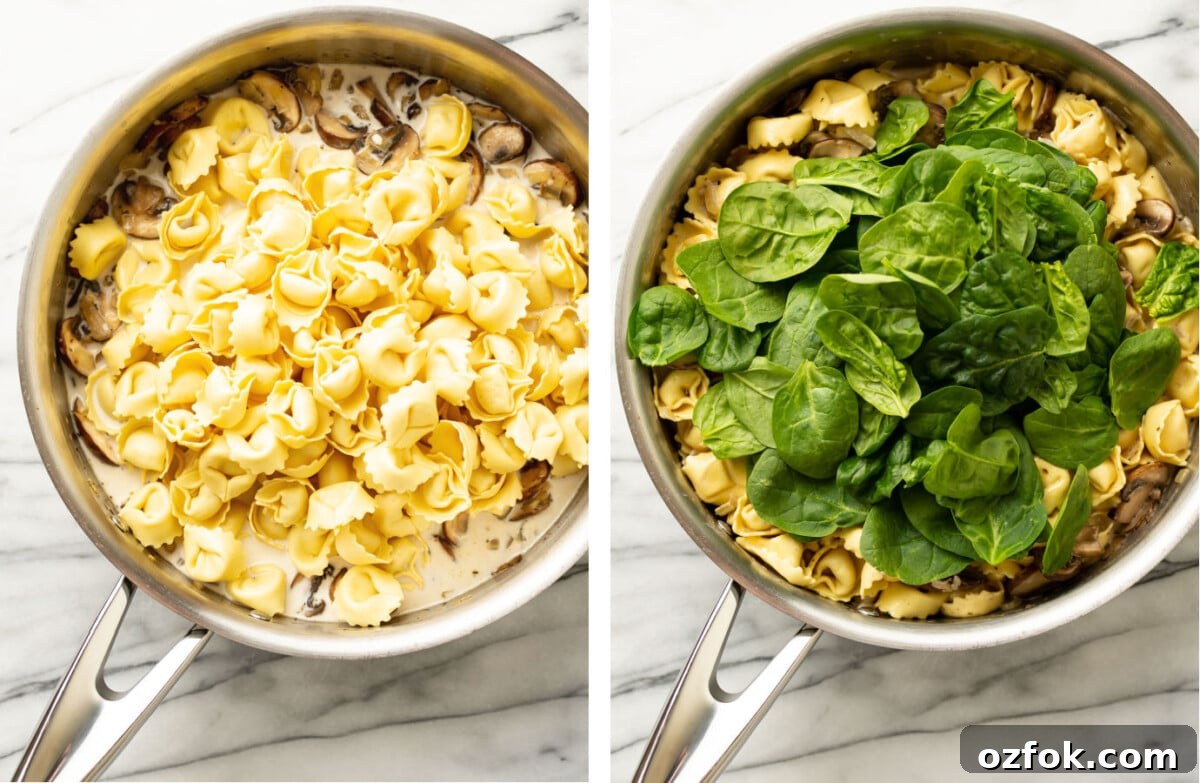 One-Pan Creamy Tortellini with Spinach & Mushrooms 5 adding tortellini and spinach to a pan