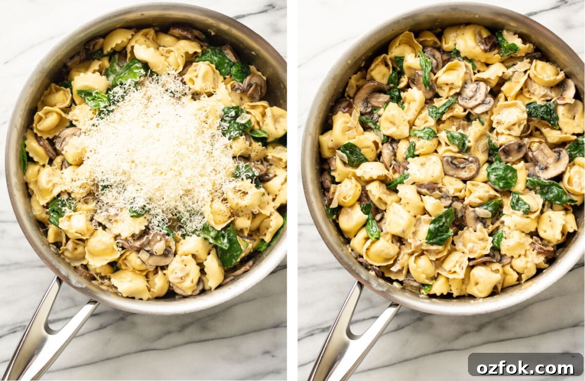 One-Pan Creamy Tortellini with Spinach & Mushrooms 6 adding parmesan to creamy spinach and mushroom tortellini in a skillet
