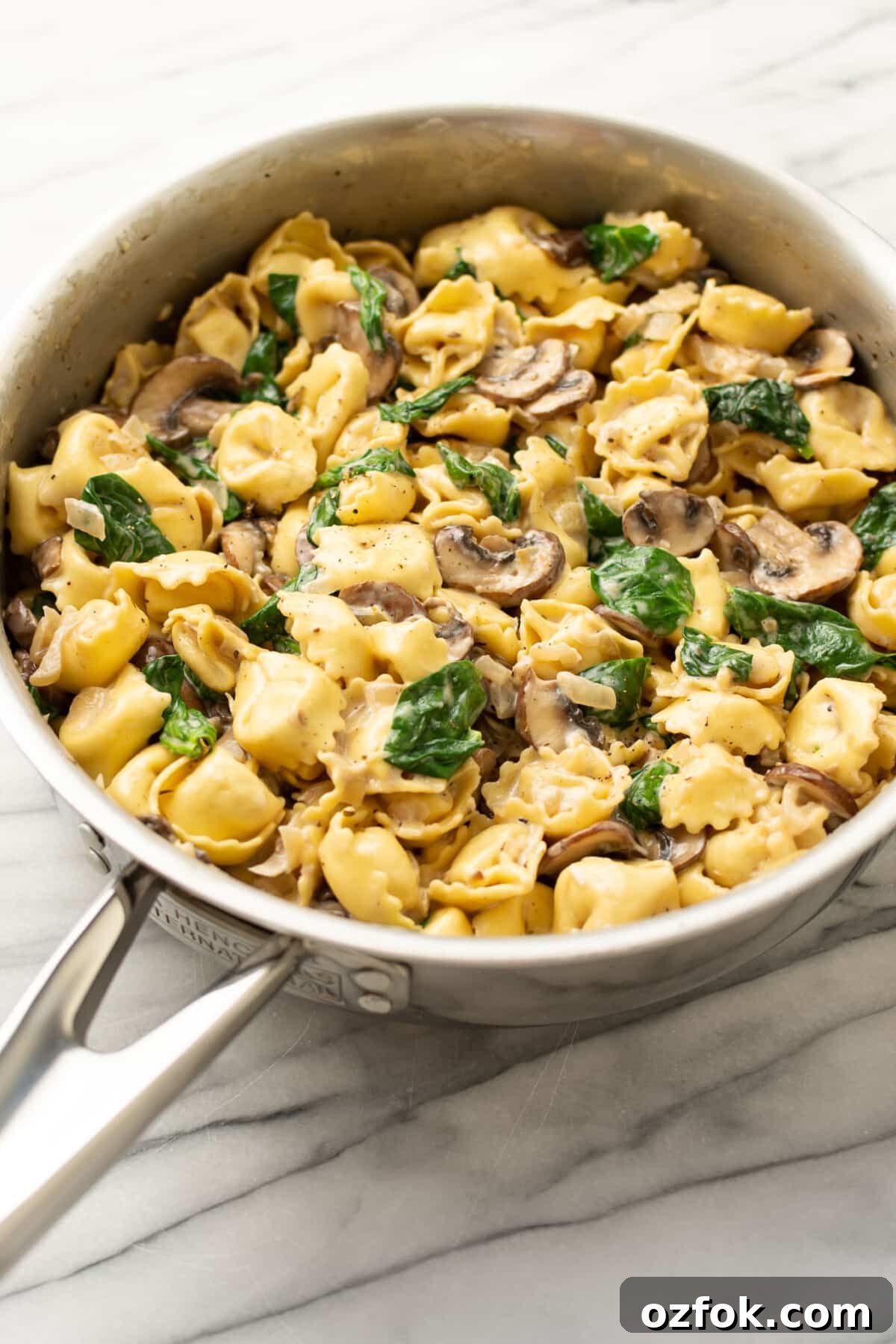 One-Pan Creamy Tortellini with Spinach & Mushrooms 7 a pan with creamy tortellini with spinach and mushrooms