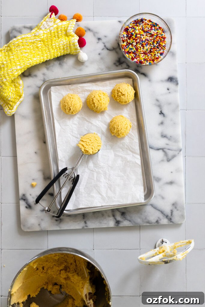 Lemon Rainbow Sprinkle Cookies Recipe — Bright Citrus Sugar Cookies 15 Scooping Lemon Rainbow Sprinkle dough