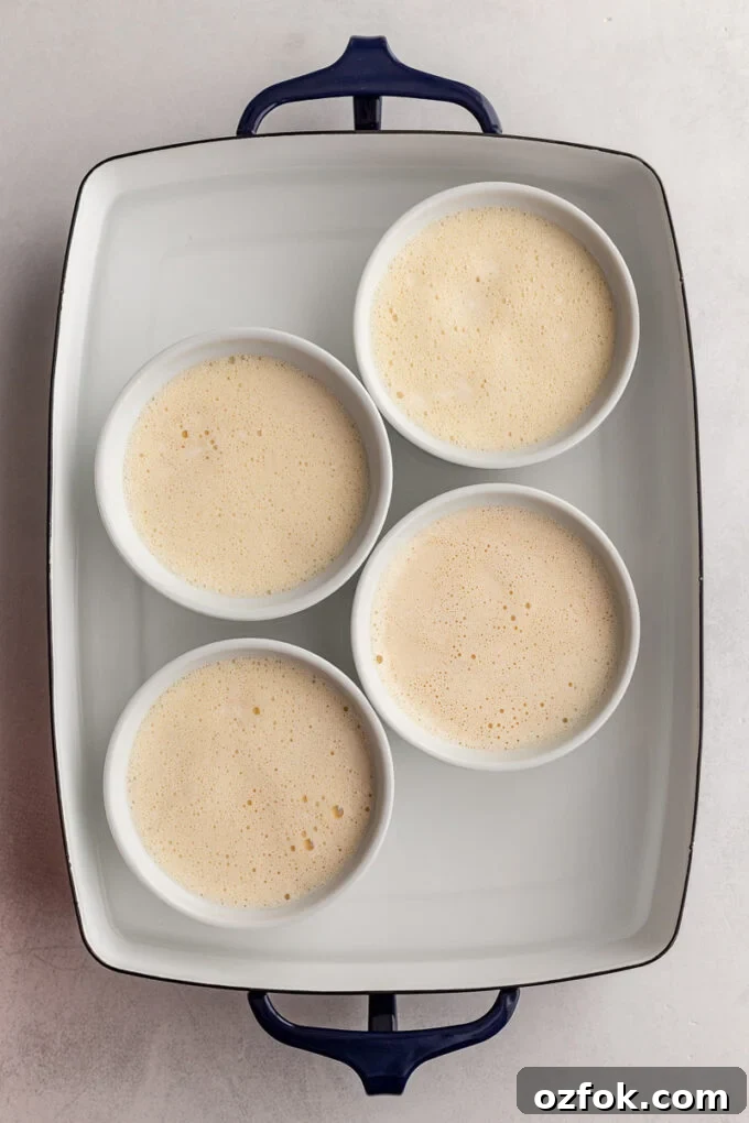 Crème Brûlée mixture in small bowls before baking.