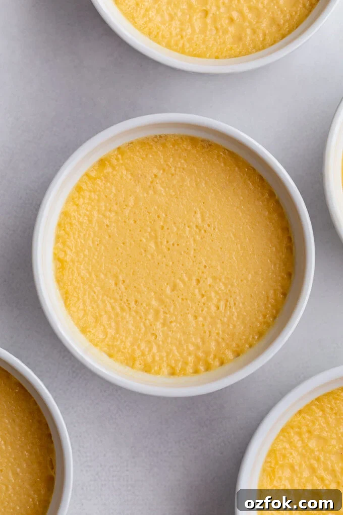 Baked Crème Brûlée in a ramekin.