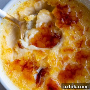 A spoon in a small bowl with Crème Brûlée.
