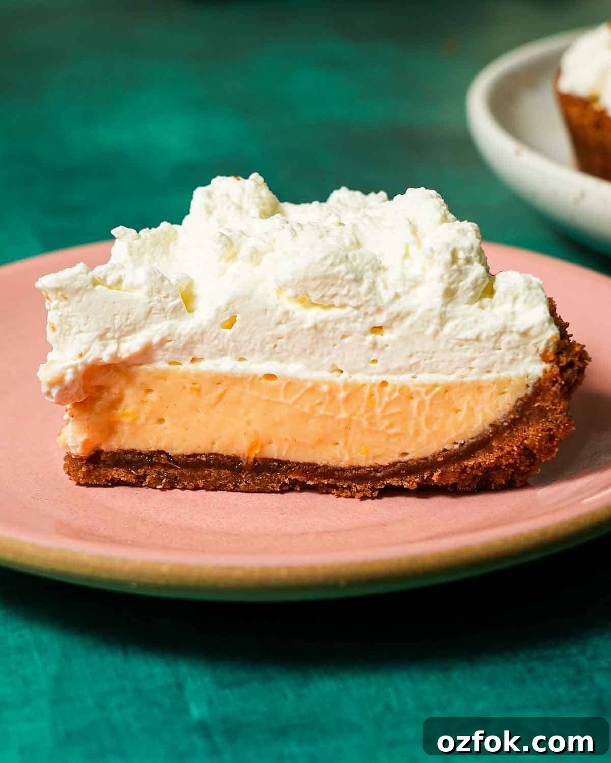 Meyer Lemon Pie with Honey Graham Cracker Crust Recipe 2 A pink plate with a Meyer lemon pie slice topped with whipped cream.