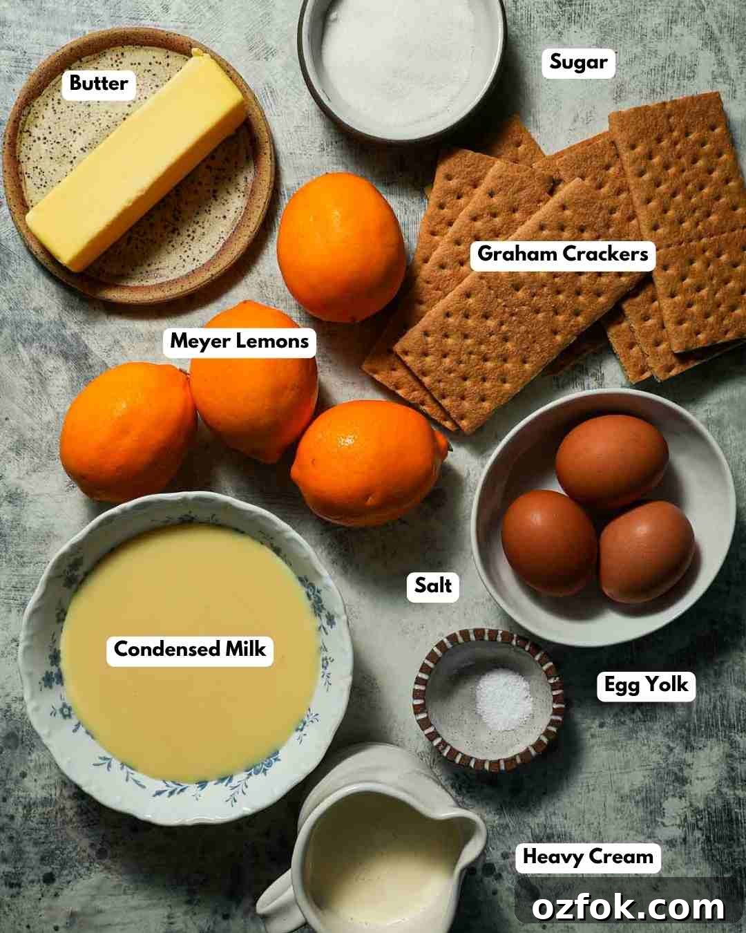 Meyer Lemon Pie with Honey Graham Cracker Crust Recipe 3 The ingredients laid out to make meyer lemon pie with graham cracker crust.