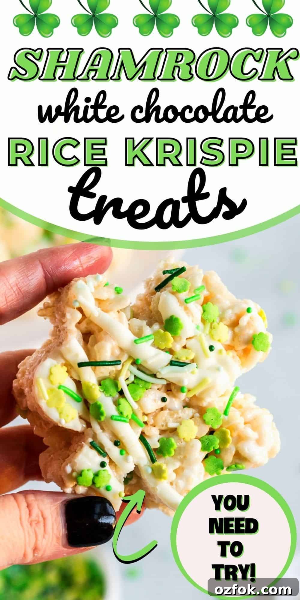 marshmallow treats with text "shamrock white chocolate rice krispie treats"